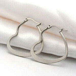 Surgical Stainless Steel Silver Blade Open Heart Hoop Earrings 30mm